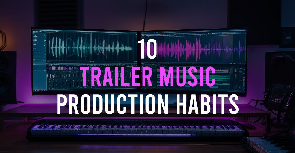 Music producer working in a dark studio setup, focused on trailer music production with a computer, speakers, and MIDI keyboard.
