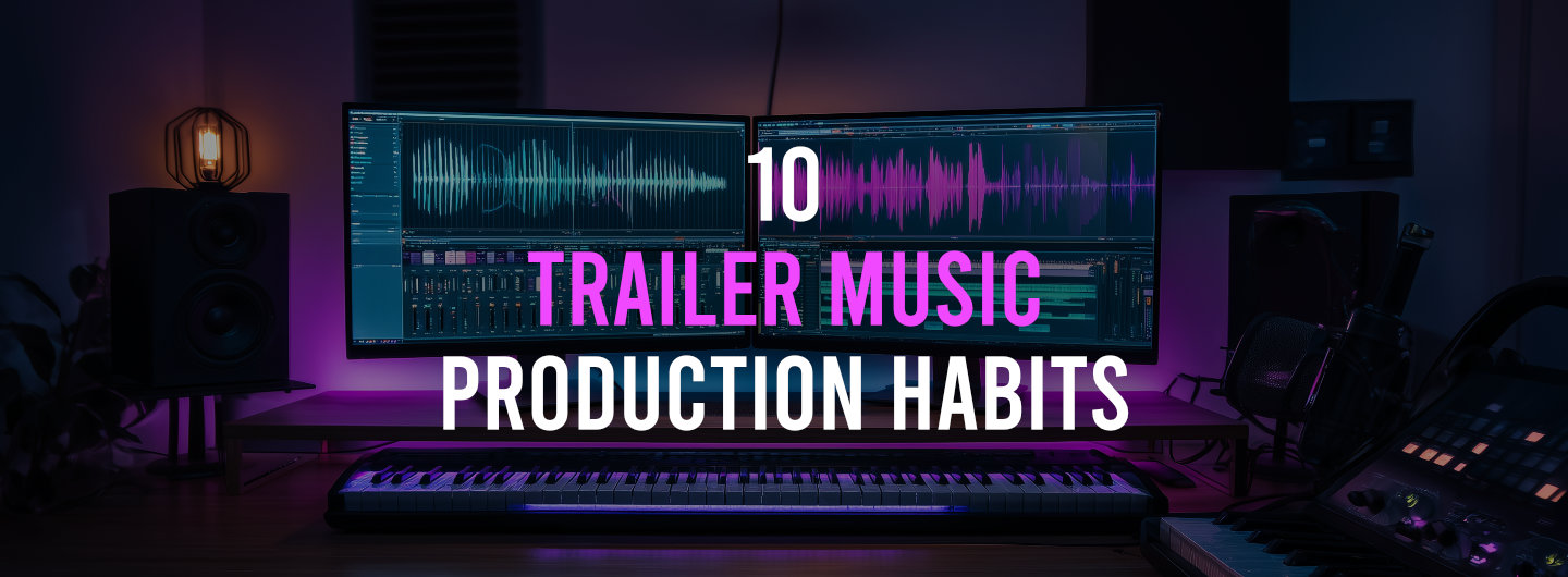 Music producer working in a dark studio setup, focused on trailer music production with a computer, speakers, and MIDI keyboard.